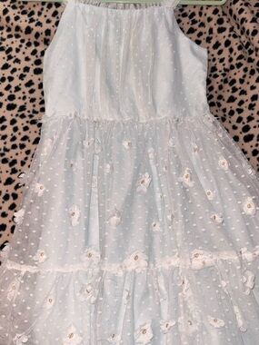 Blueberi Boulevard White Dot Mesh Tiered Dress with 3D Floral Appliqués